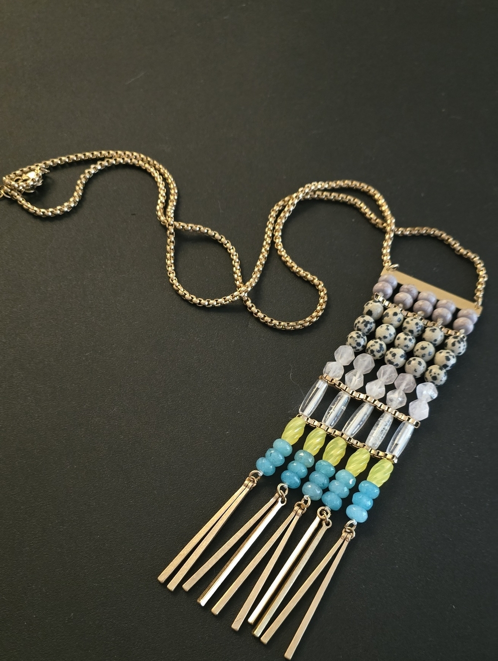 Gold-Tone Multi-Bead Fringe Pendant Necklace in Blue, Yellow & Cream